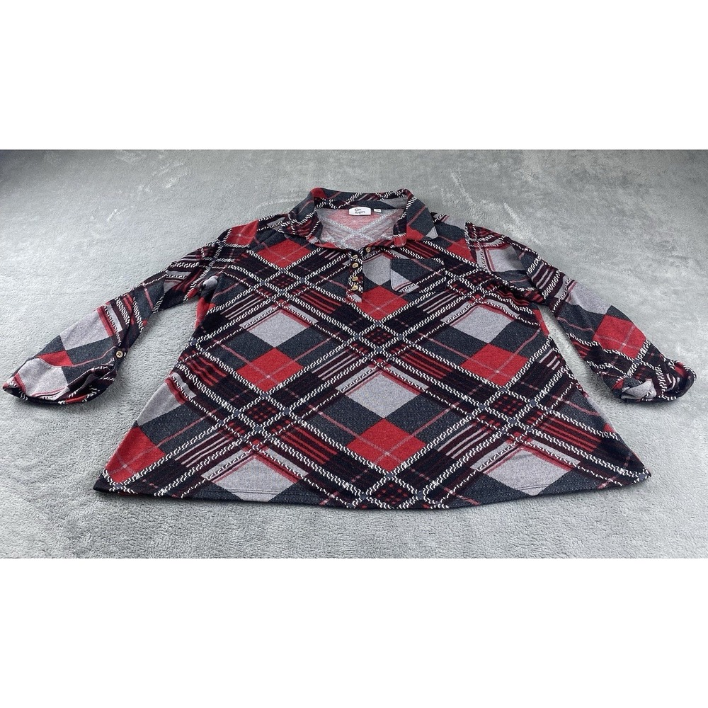 Kim‎ Rogers Women's XL Blouse Red Gray Black Check Button Casual C41